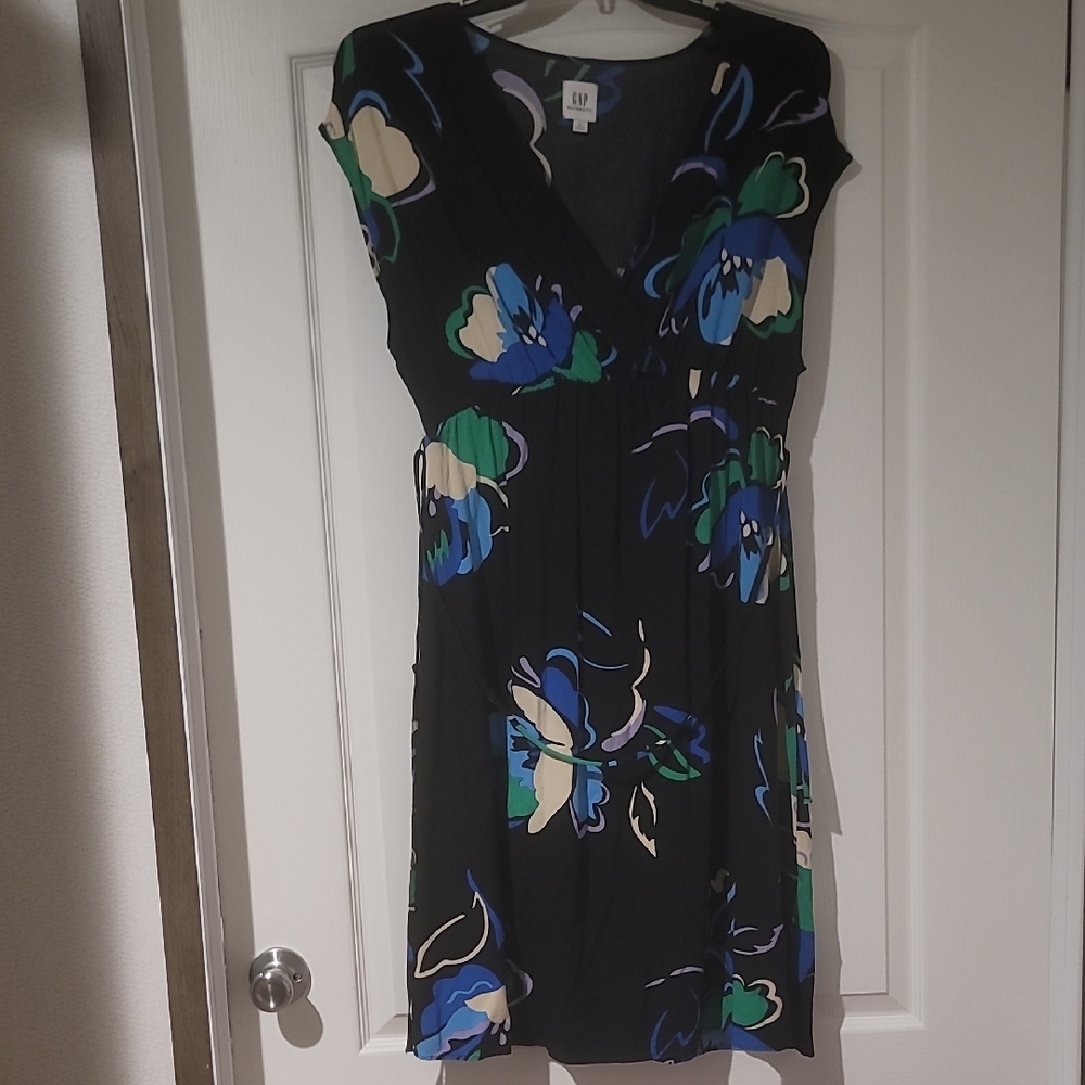 GAP Women's Midi Maternity Dress Black/Blue/Green Floral Design Size Large